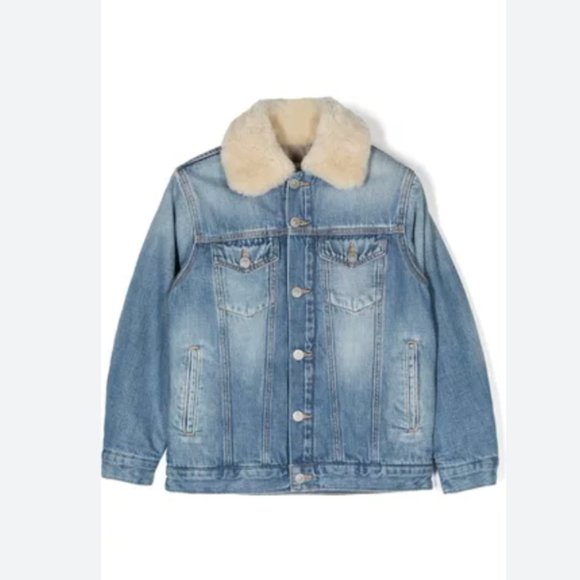 Blue Short Denim Sherpa Jean Jacket - Size 4 - Picture 1 of 4